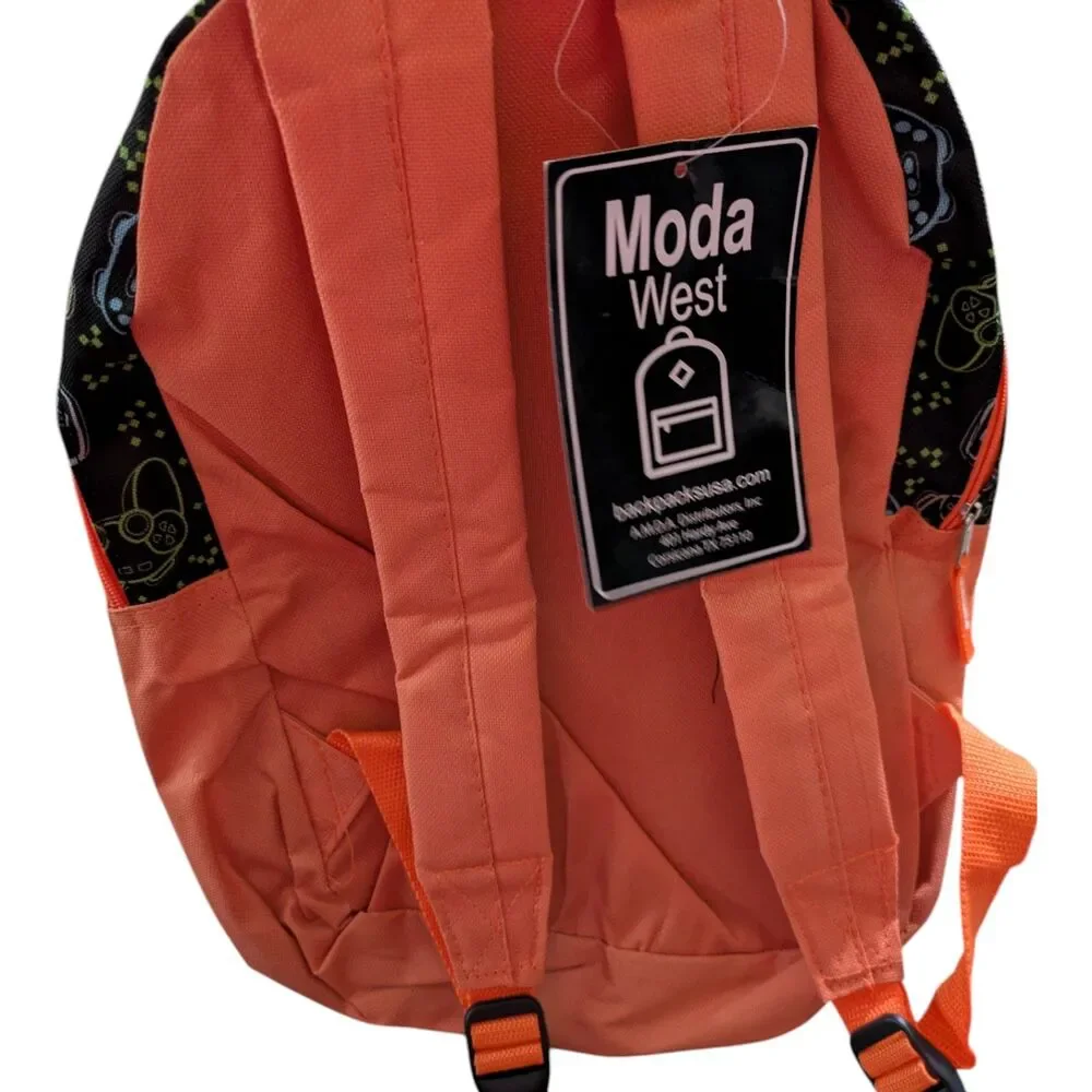 Moda West Backpack | Gamer Controller Print | Orange & Black School Bag